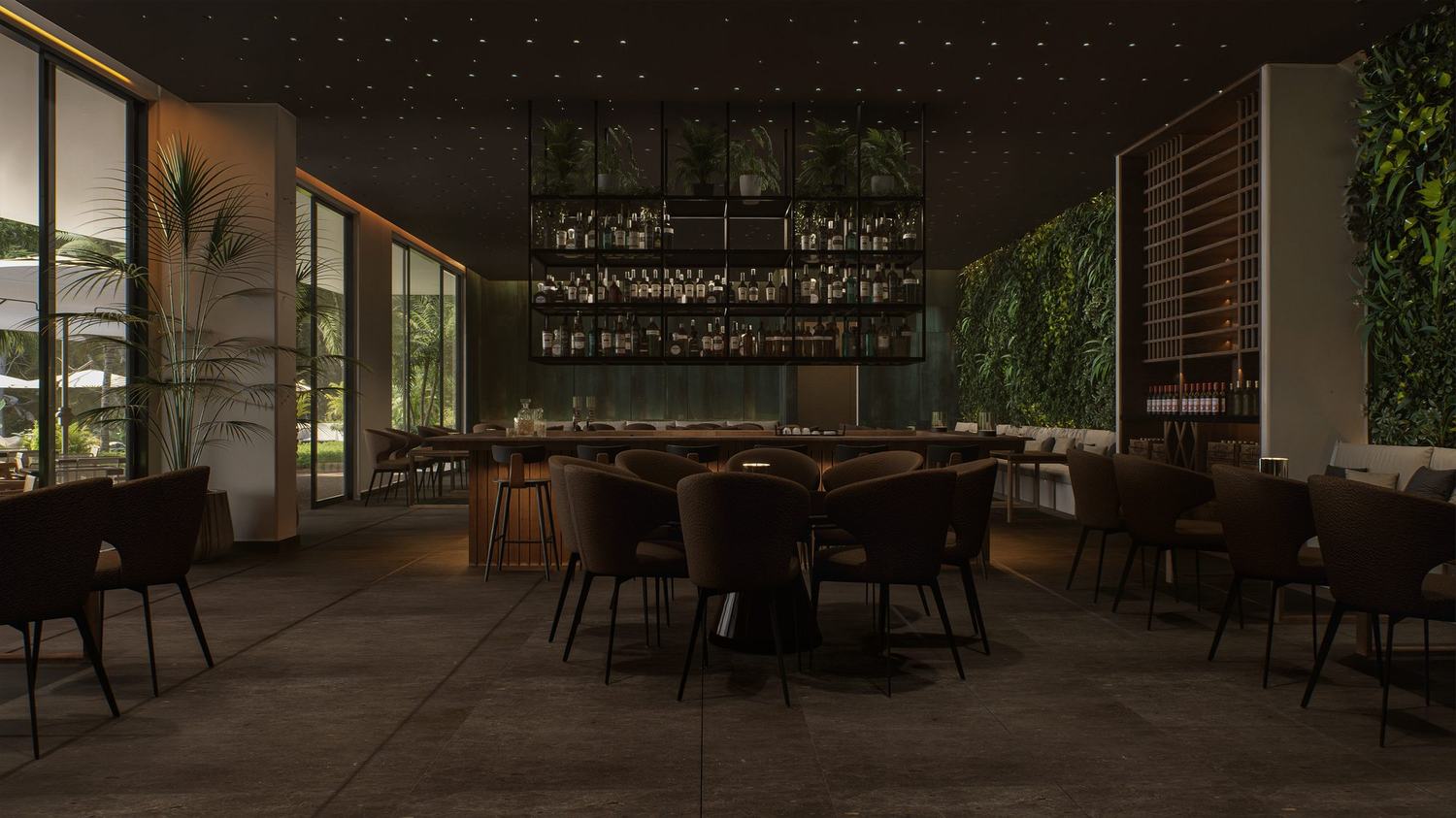 Peponi 7 — the bar after dark, green wall and fibre-optic ceiling