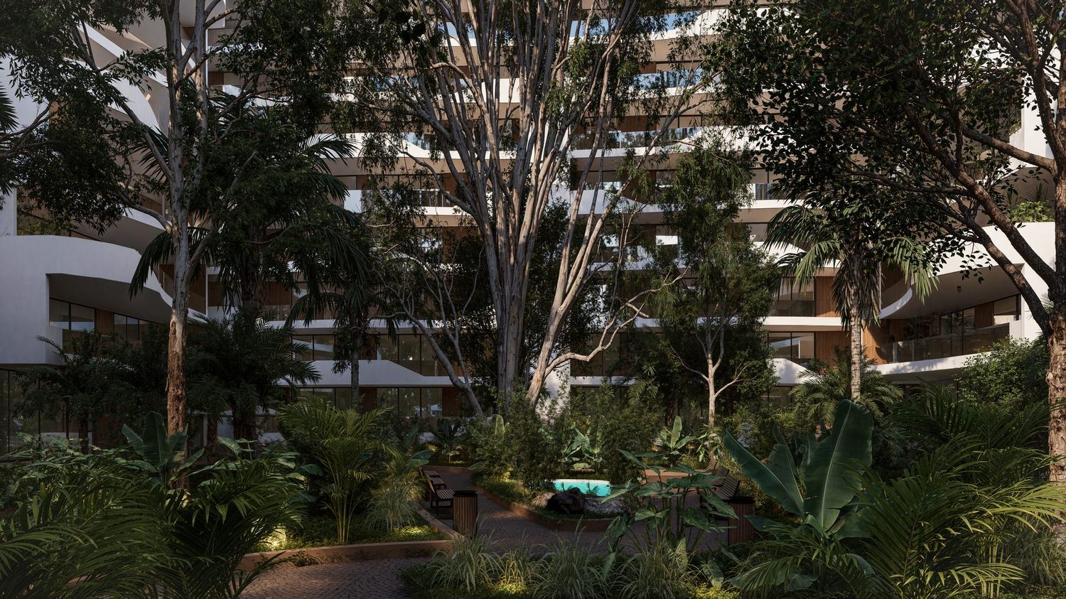 Peponi 7, Nairobi — courtyard garden beneath mature eucalyptus on the Karura Forest edge, architectural visualisation by Rogue Cinematics