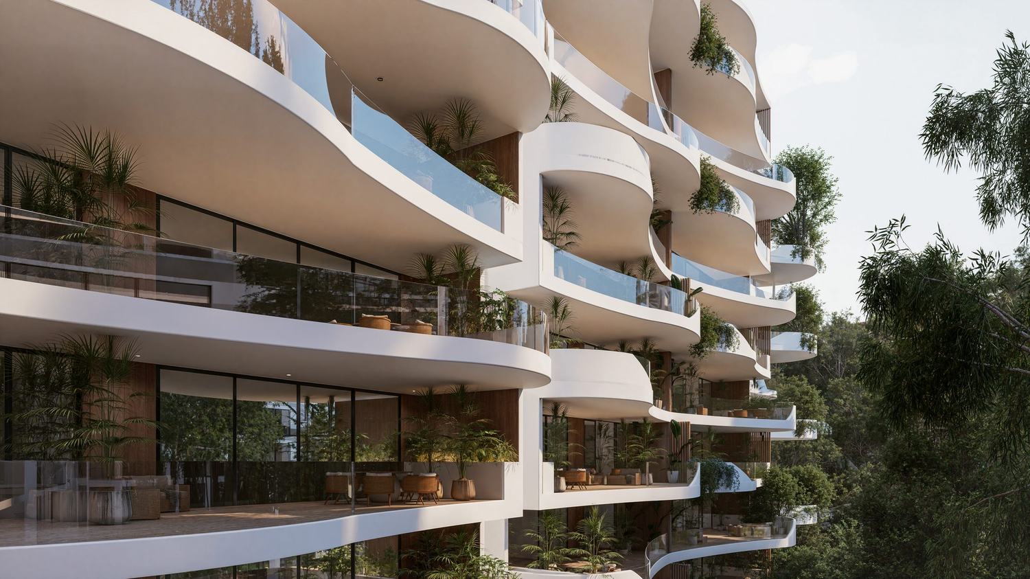 Peponi 7, Nairobi — curved balconies and timber cladding on the Karura Forest edge, architectural visualisation by Rogue Cinematics