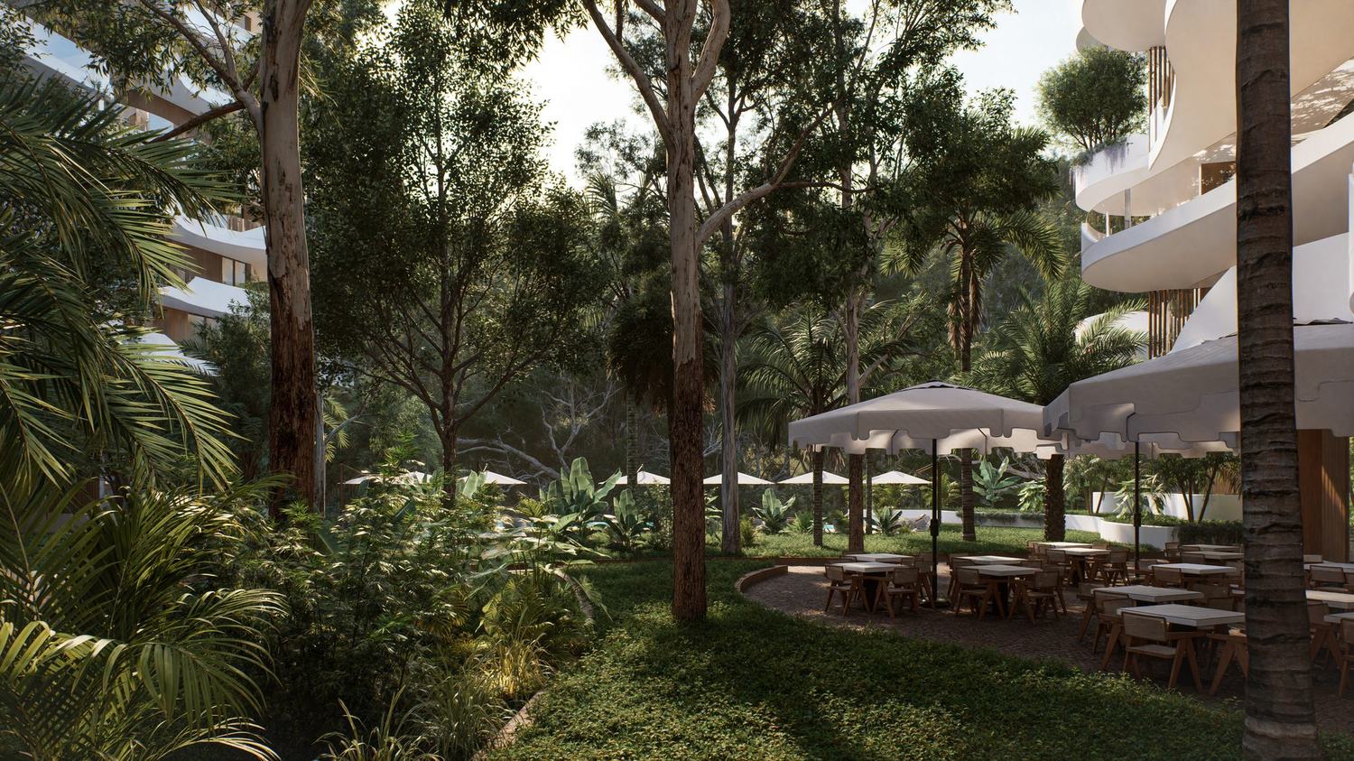 Still from the Peponi 7 film — garden dining beneath the eucalyptus