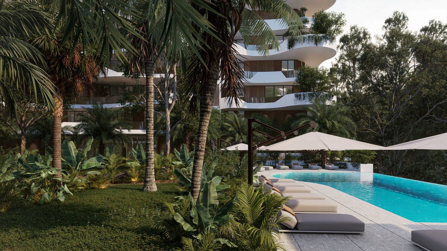 Peponi 7, Nairobi — pool terrace seen through the palms, architectural visualisation by Rogue Cinematics